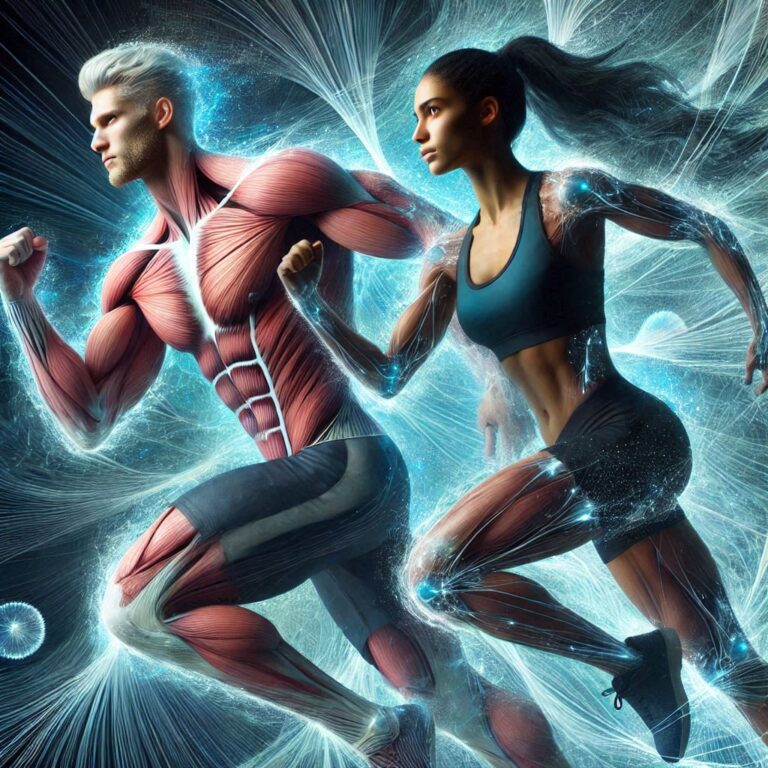 Two professional athletes in motion, a white male and black female with sinewy muscly bodies surrounded by magnetic fields