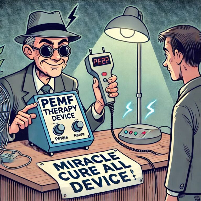 A shady looking character trying to sell a PEMF therapy device that has 'miracle cure all device' written on it