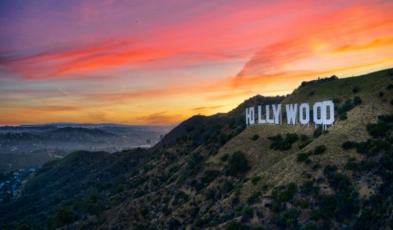 Hollywood sign with beautiful sunset in the background.