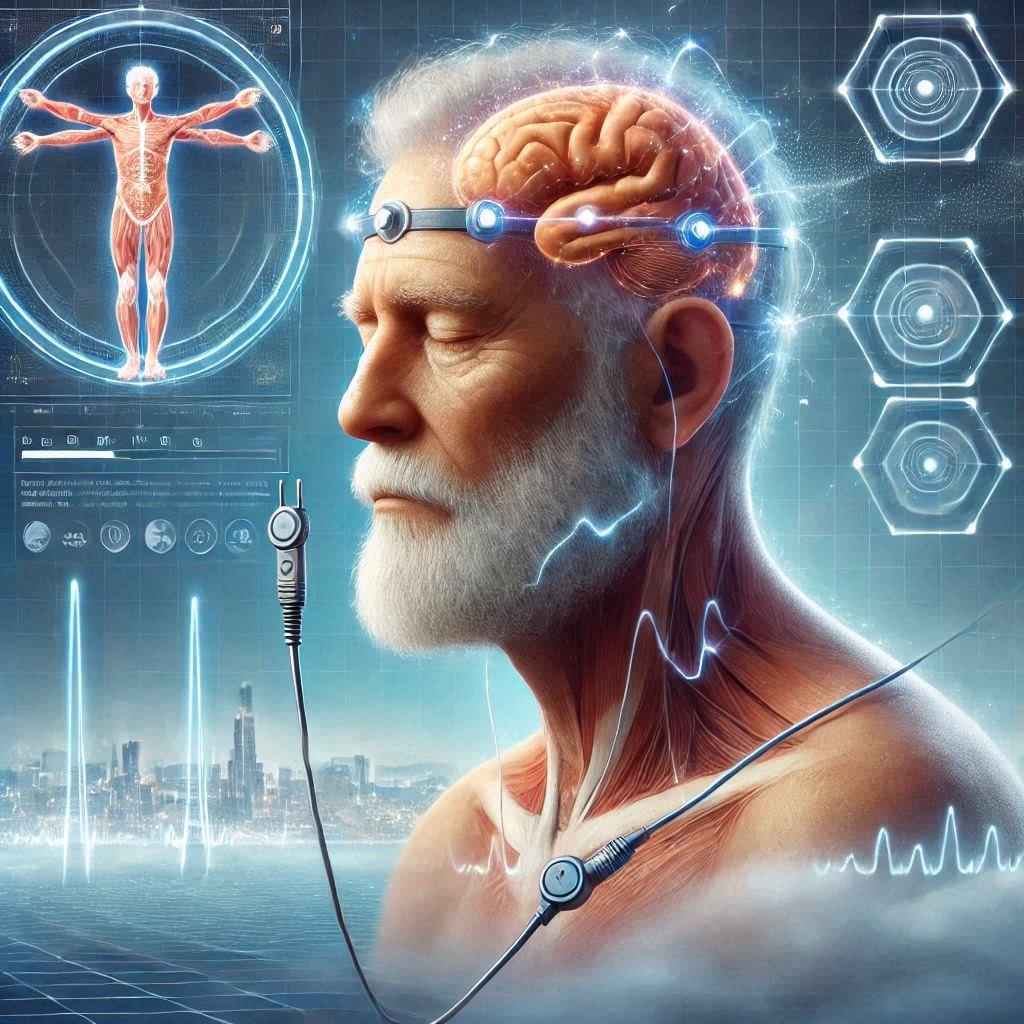 Older man with white beard and electrodes on his skull and cutaway of his brain,