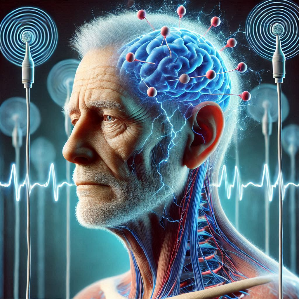 Image of a man showing an x-ray like depiction of his brain with electrical activity. 